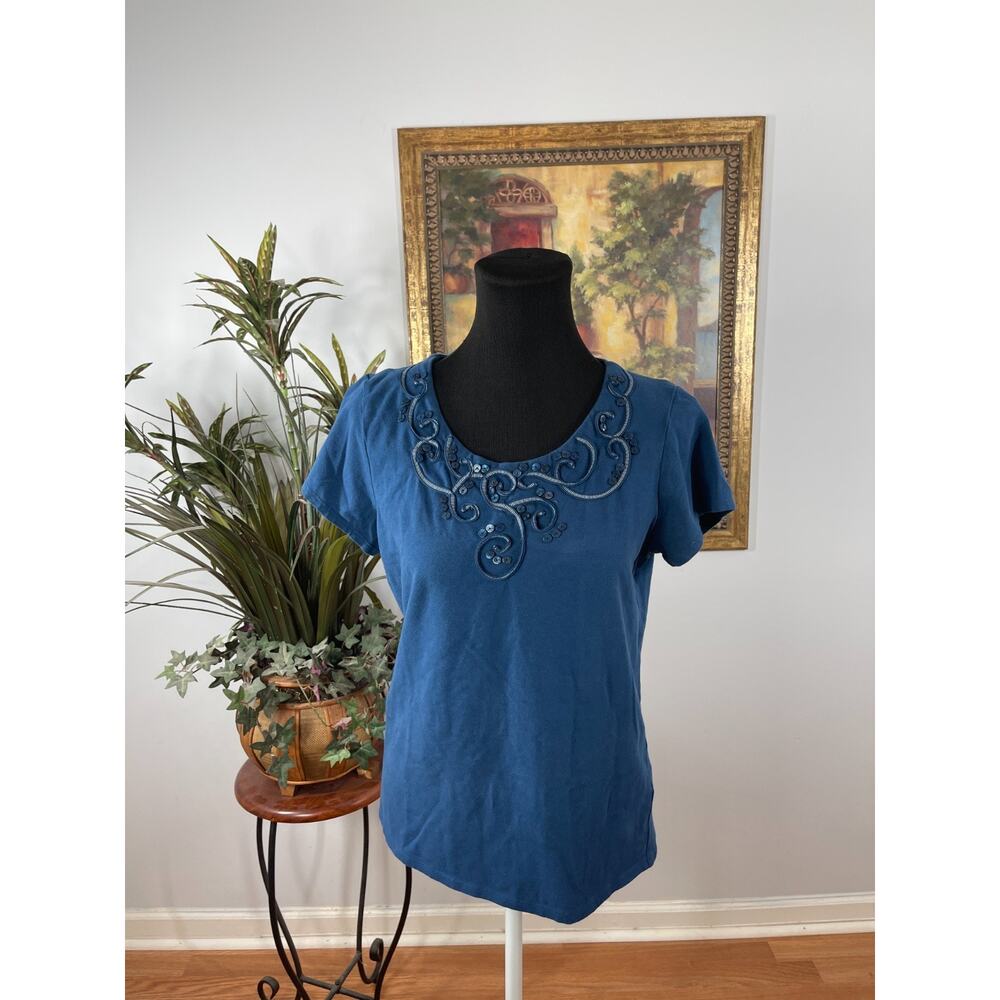 Ruby Rd. Blouse Top Women's M Blue Embellished Scrollwork Feminine Romantic